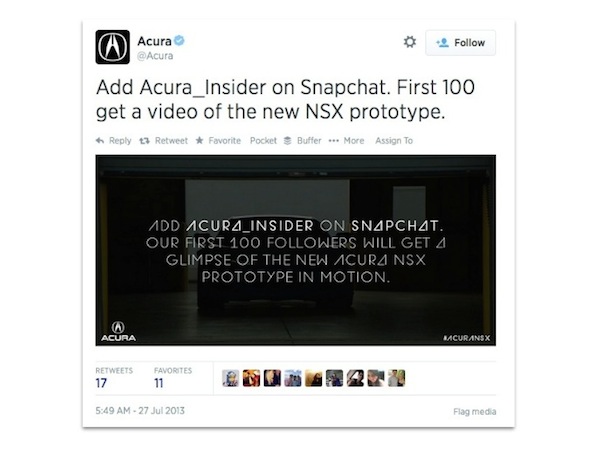 Acura tweet about Snapchat