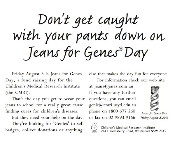 Jeans For Genes Day schools ad from 2001