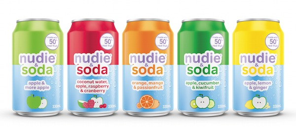 nudie and soda products in row