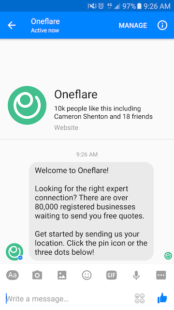 Oneflare Facebook Messenger bot welcome message (1)