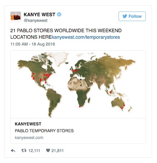 Kanye tweet life of pablo pop up stores